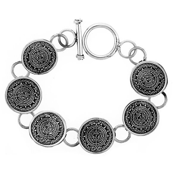 Sterling Silver Aztec Calendar Bracelet Toggle Clasp Handmade 8.5